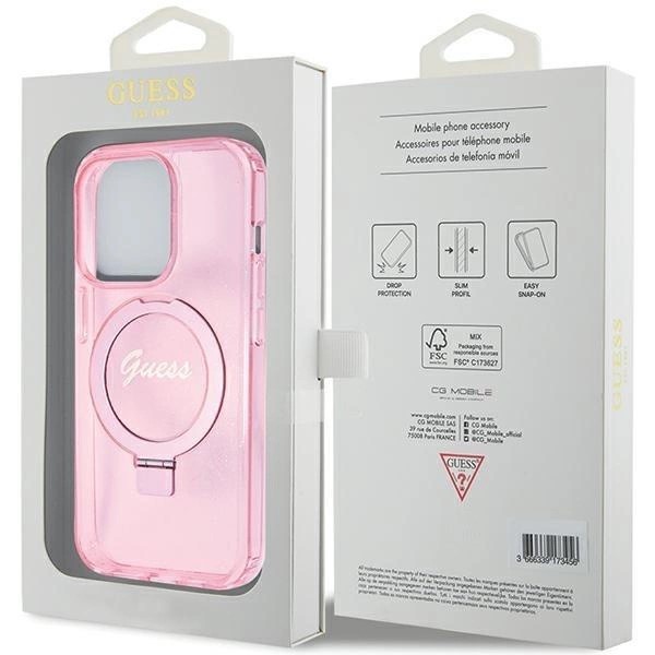 Husa Originala Eleganta Guess Stand Inel MagSafe Sclipici iPhone 15 Pro -Roz - 2 | YEO